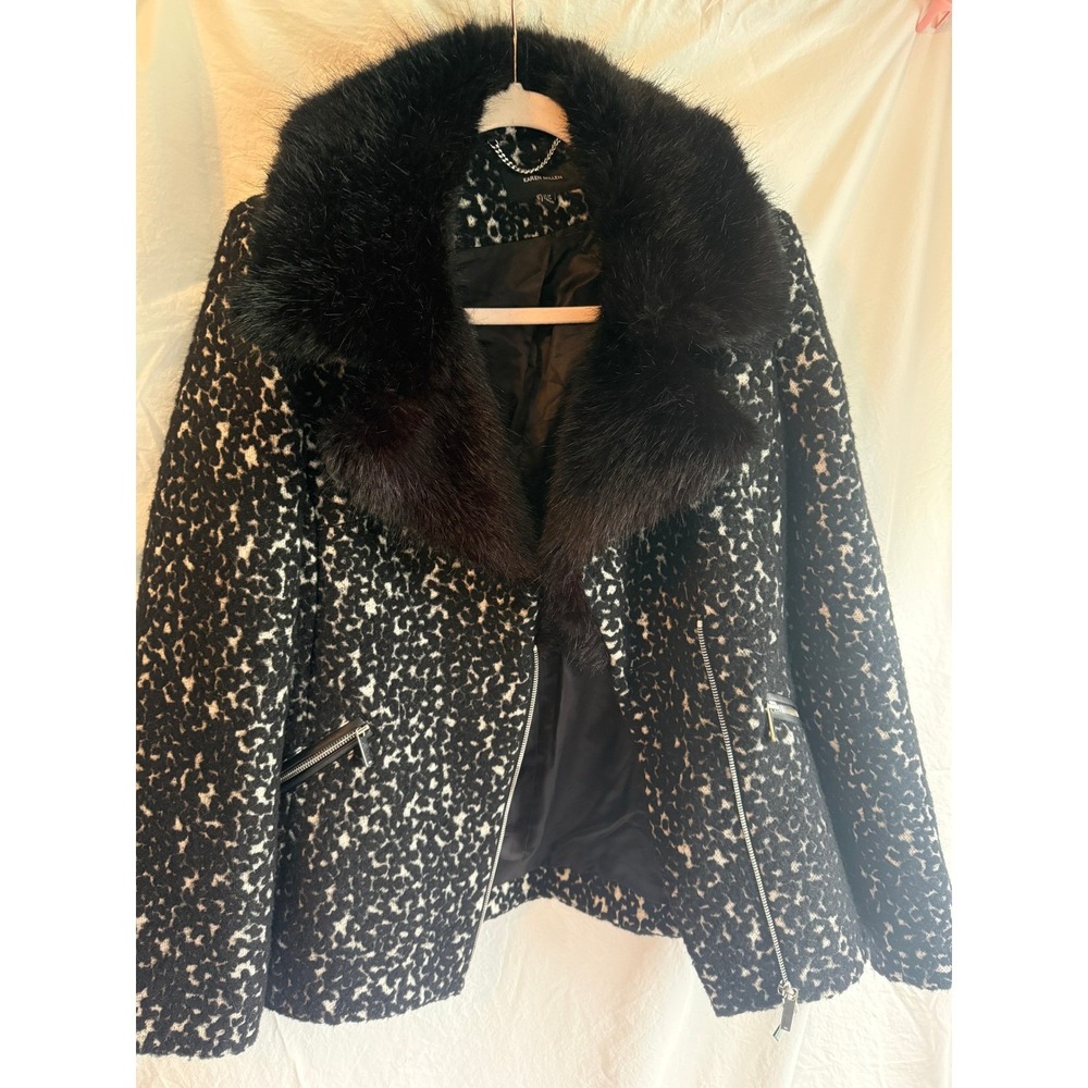 Karen Millen Leopard Print Wool Blend Jacket Faux‎ Fur Collar Black White Size 6